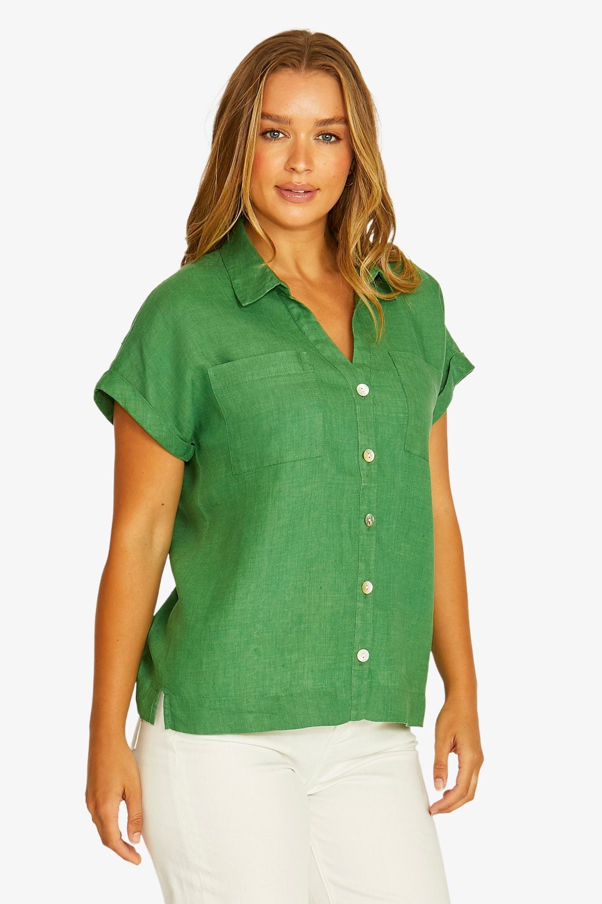 Open Neck Short Sleeve Shirt in Leaf 3031A