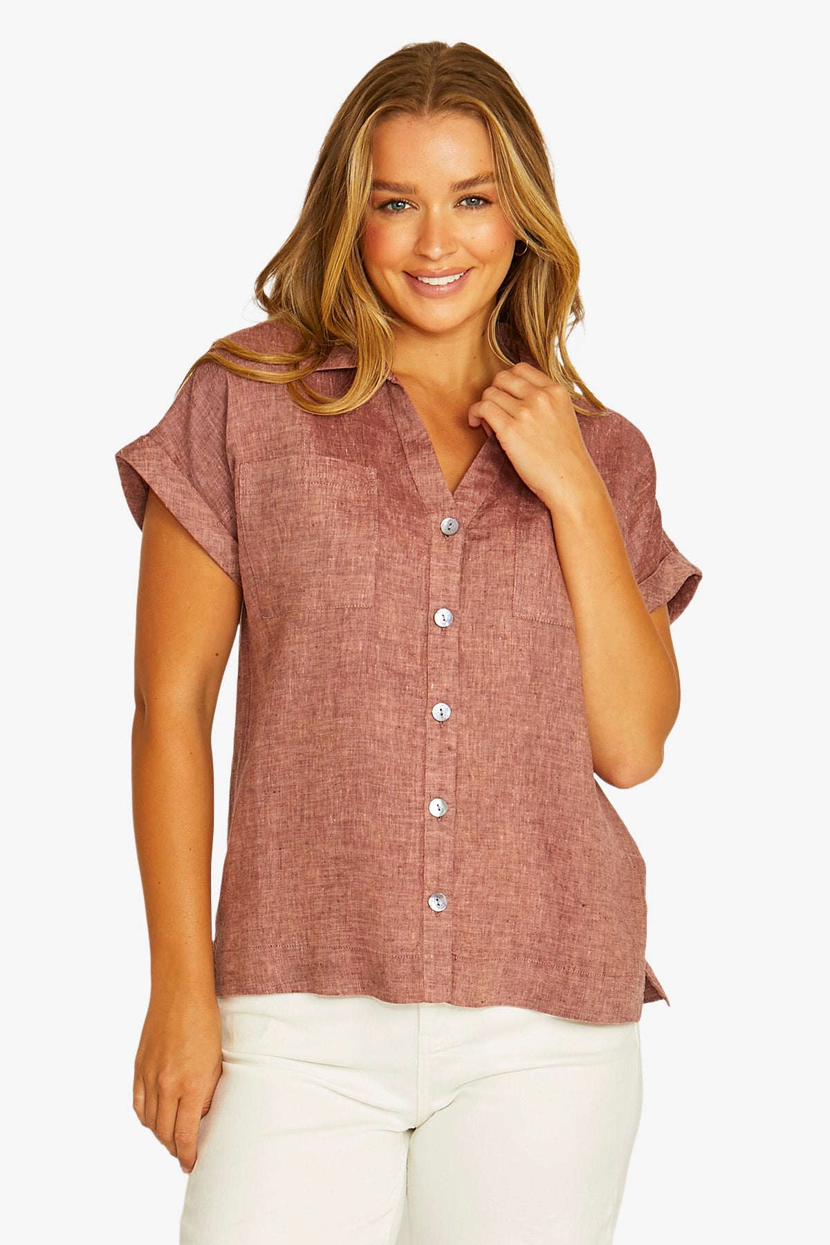 Open Neck Short Sleeve Shirt in Rhubarb 3031A