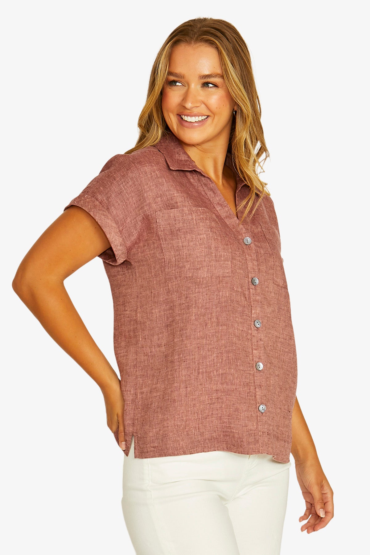 Open Neck Short Sleeve Shirt in Rhubarb 3031A