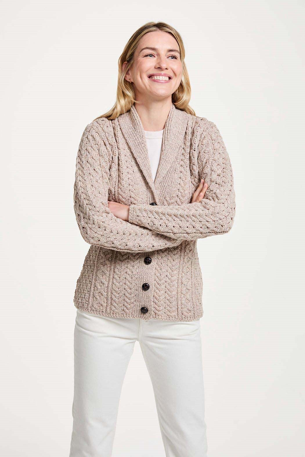 Traditional  Aran Shawl Neck Cardigan in Wicker
