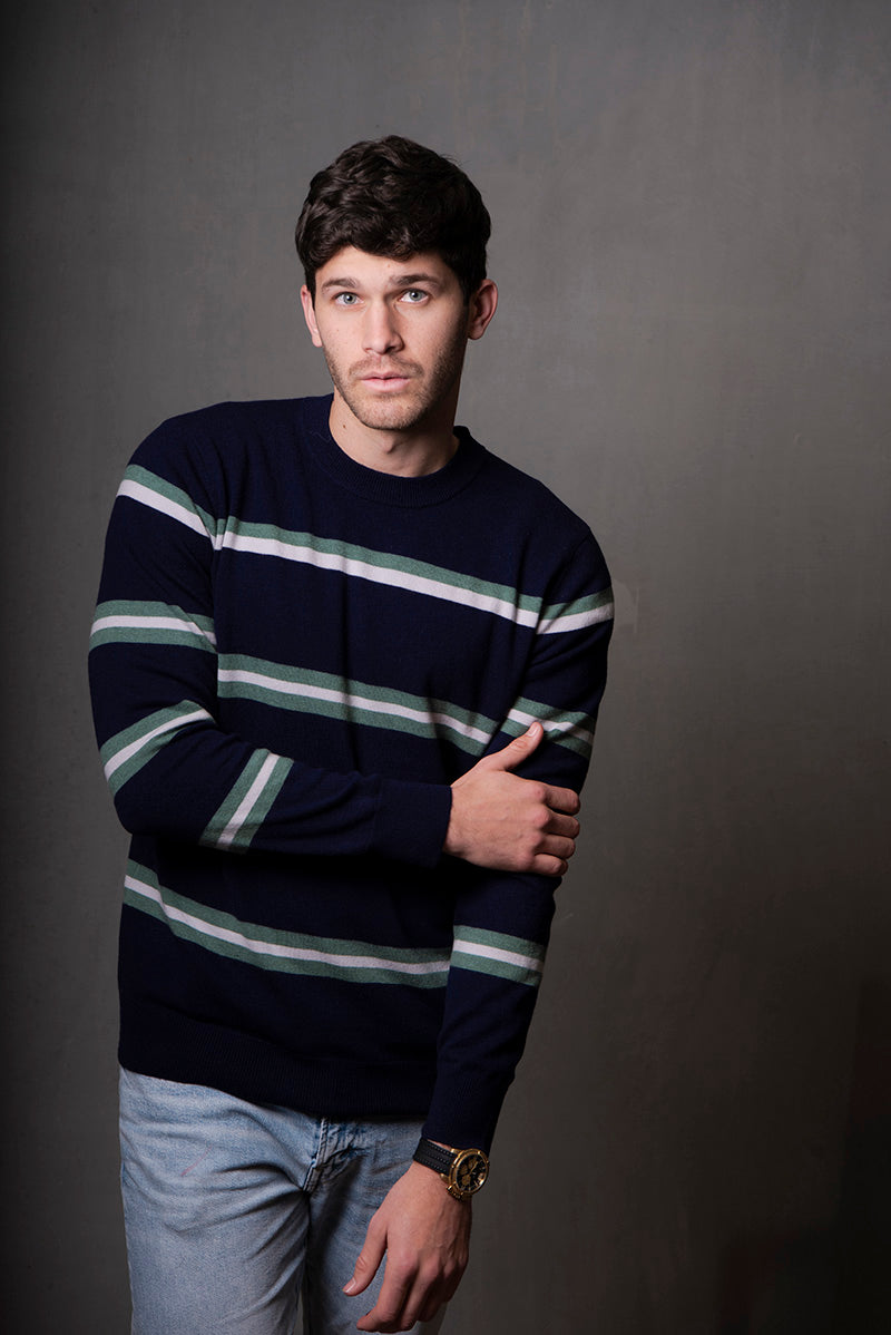 Crew Neck Stripe Pullover in Inky Blue Combo BL6503