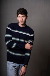 Crew Neck Stripe Pullover in Inky Blue Combo BL6503
