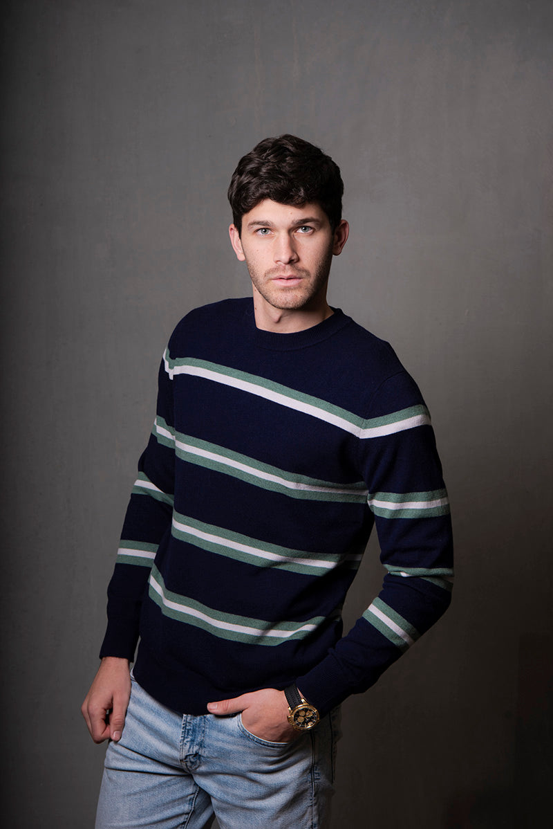 Crew Neck Stripe Pullover in Inky Blue Combo BL6503