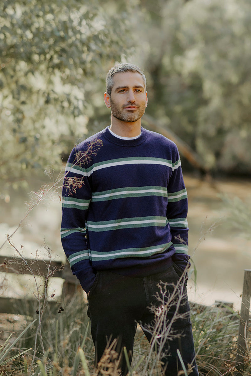 Crew Neck Stripe Pullover in Inky Blue Combo BL6503