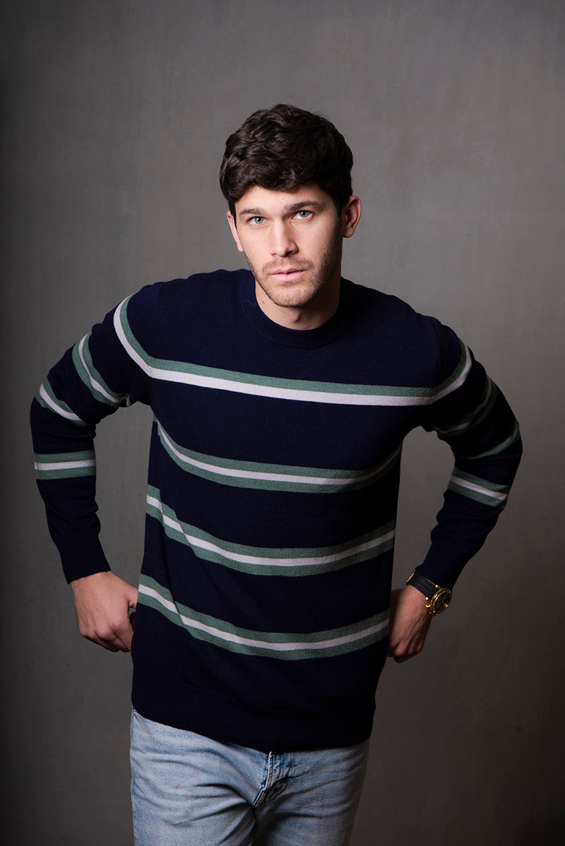 Crew Neck Stripe Pullover in Inky Blue Combo BL6503