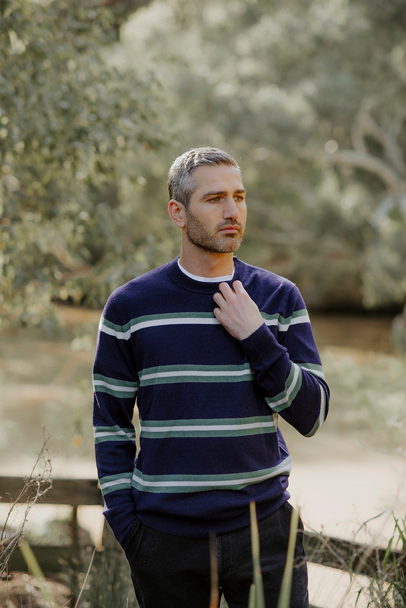 Crew Neck Stripe Pullover in Inky Blue Combo BL6503