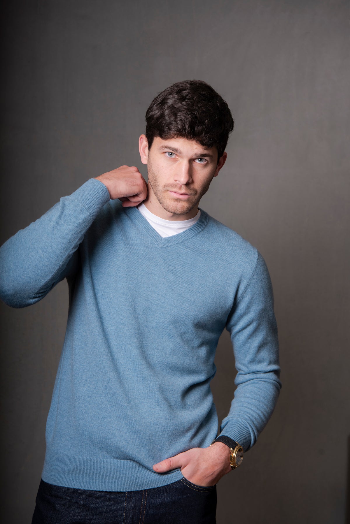 Bridge & Lord Vee Neck Pullover in Steel Blue BL6512
