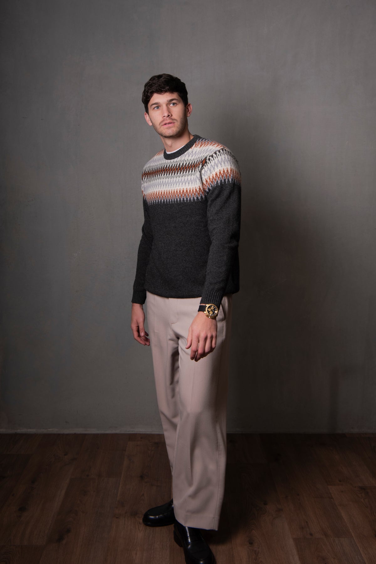 Crew Neck Fair Isle Pullover in Graphite Combo BL6515