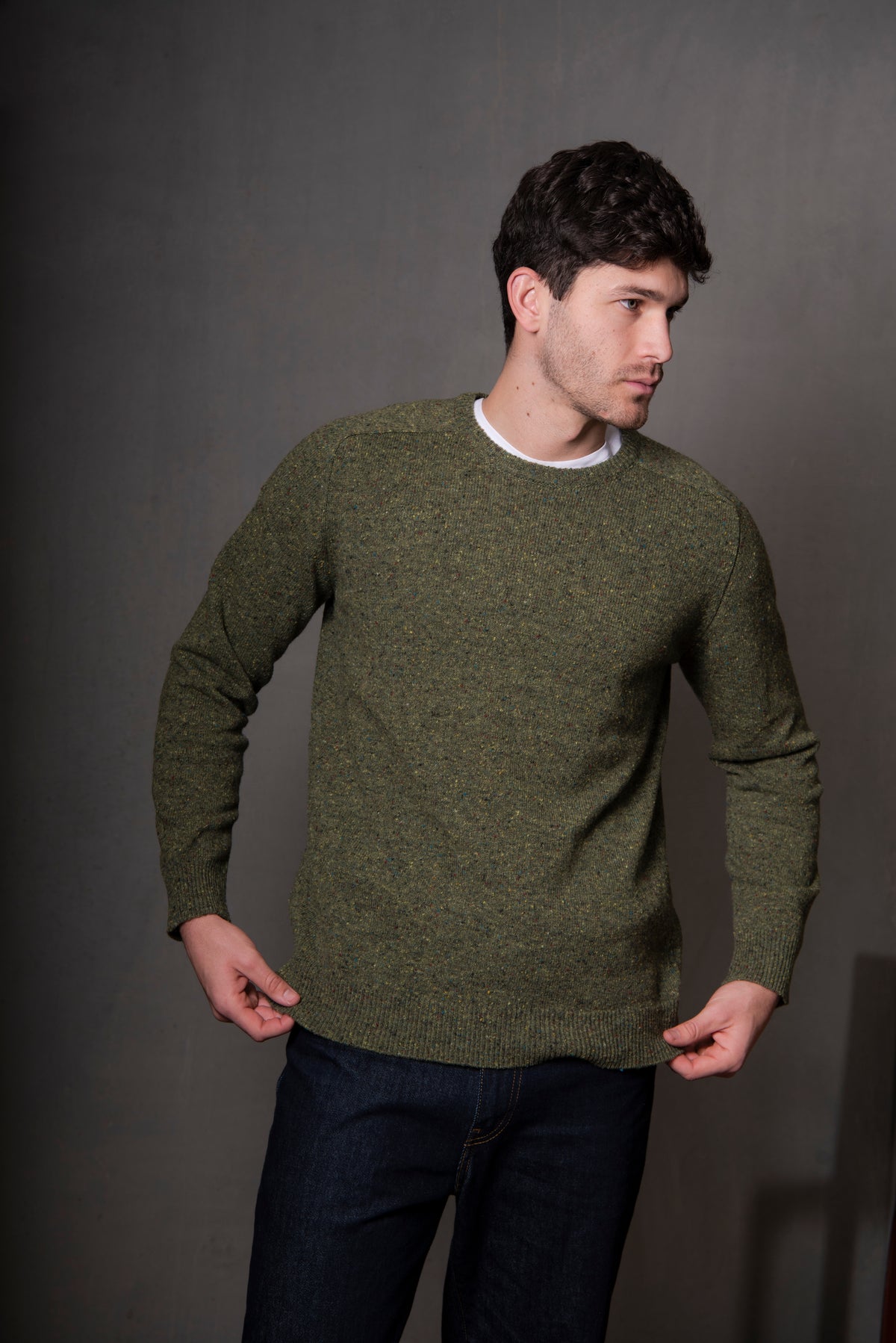 Crew Neck Saddle Shoulder Pullover in Killarney Flecked Yarn BL6517A