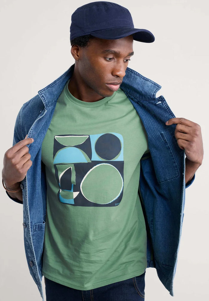 Seasalt Mens Midwatch T-Shirt Cutout Shapes Dark Pistachio