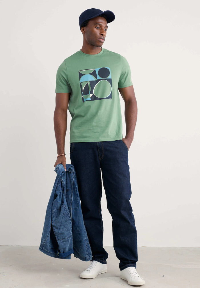 Seasalt Mens Midwatch T-Shirt Cutout Shapes Dark Pistachio