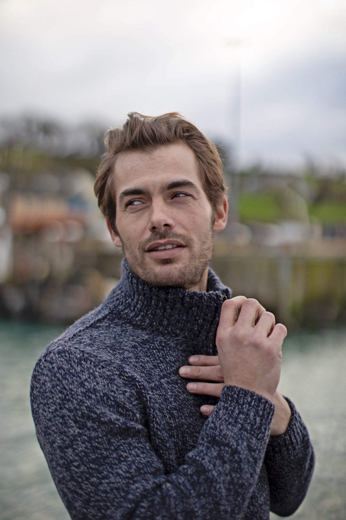 Men's Fisherman Cashmere Marled Zip Neck Sweater in Indigo/Grey FH501A