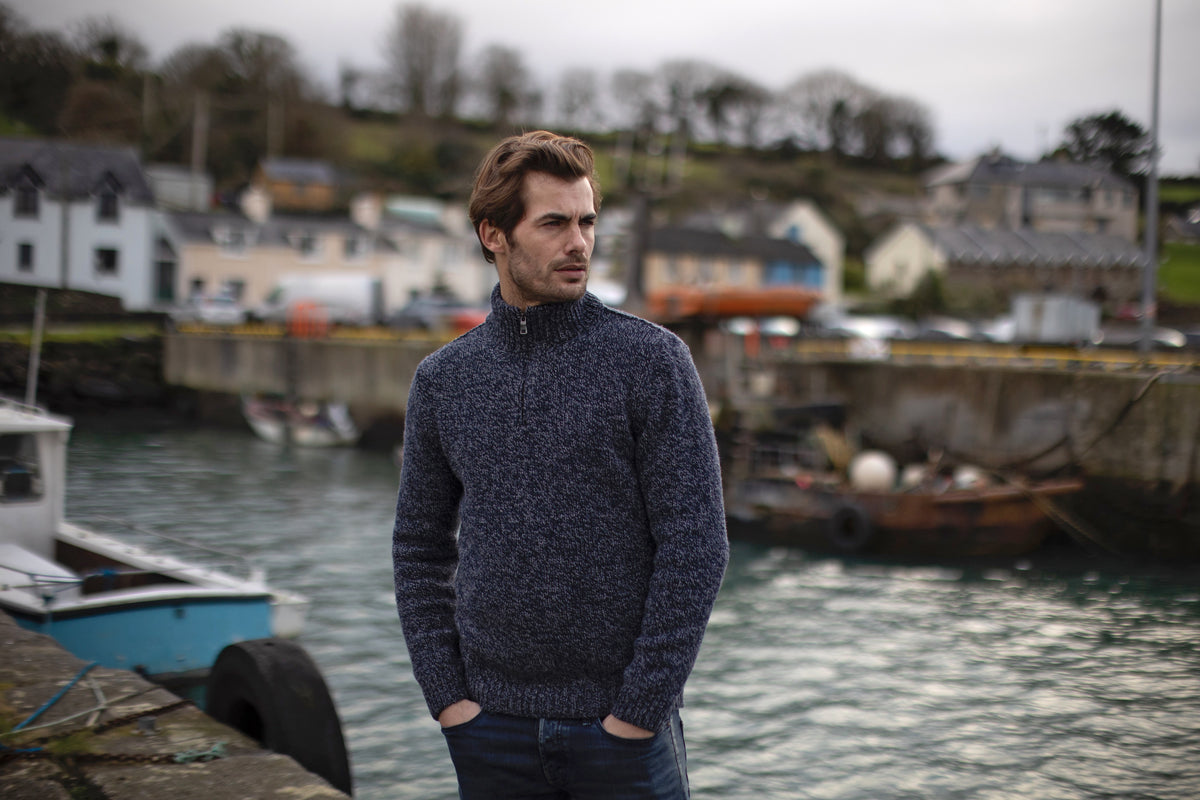 Men's Fisherman Cashmere Marled Zip Neck Sweater in Indigo/Grey FH501A