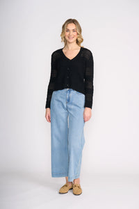 Foil Pulling Strings Cotton Cardigan - Black