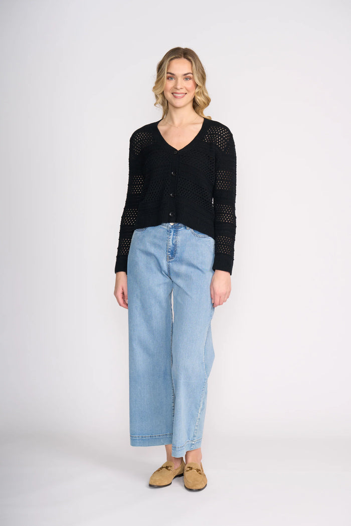 Foil Pulling Strings Cotton Cardigan - Black