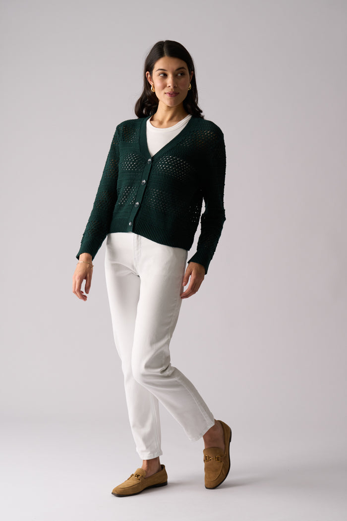 Foil Pulling Strings Cotton Cardigan - Ivy Green
