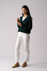 Foil Pulling Strings Cotton Cardigan - Ivy Green
