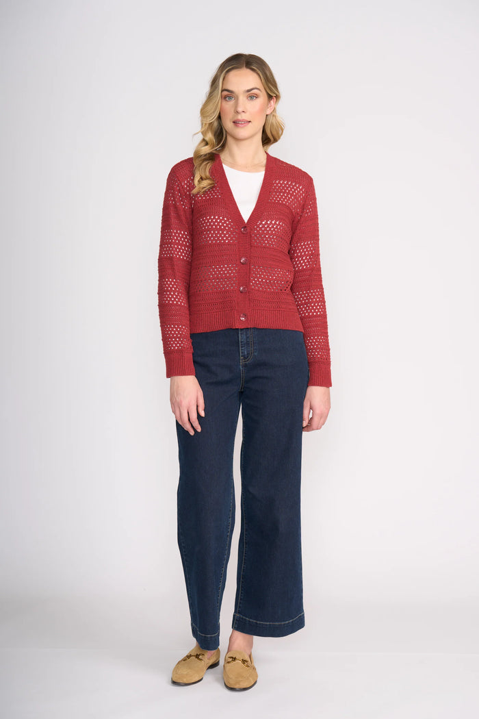 Foil Pulling Strings Cotton Cardigan - Red Earth