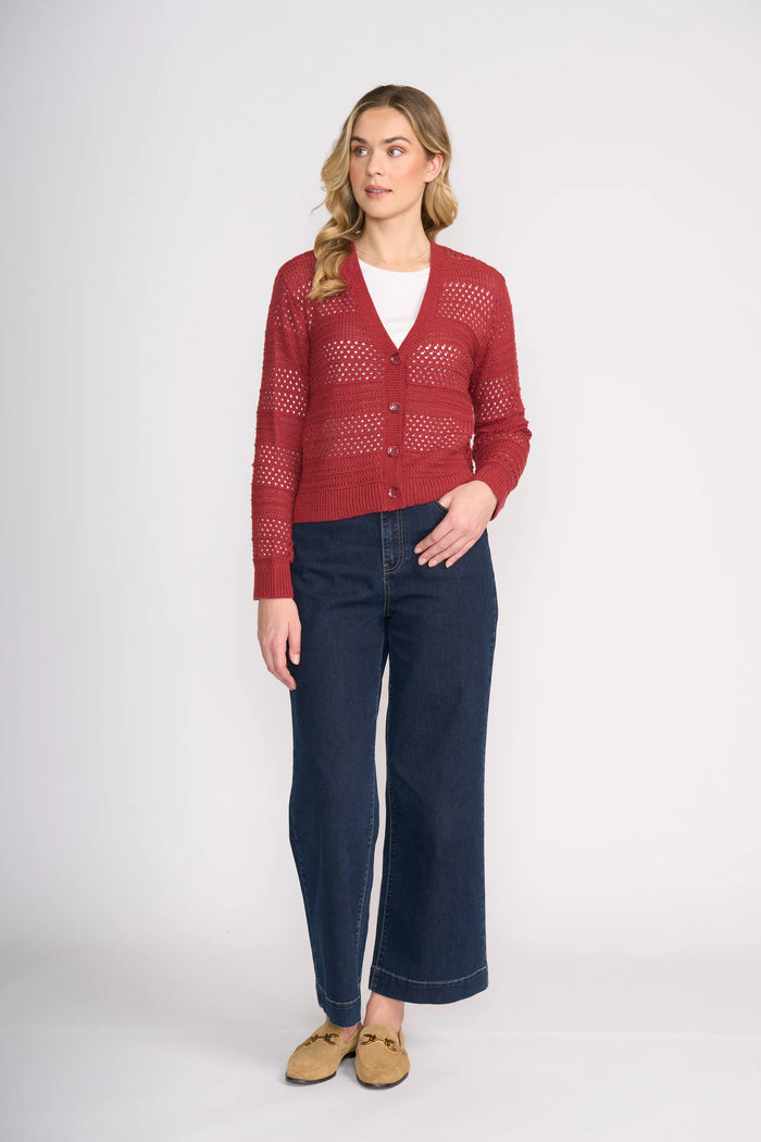 Foil Pulling Strings Cotton Cardigan - Red Earth