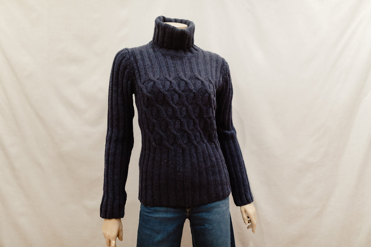 Fisherman Ladies Roll Neck Criss Cross Jumper in Indigo