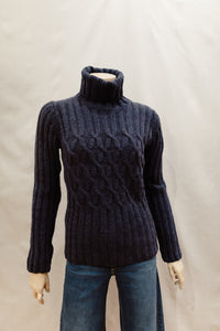 Fisherman Ladies Roll Neck Criss Cross Jumper in Indigo