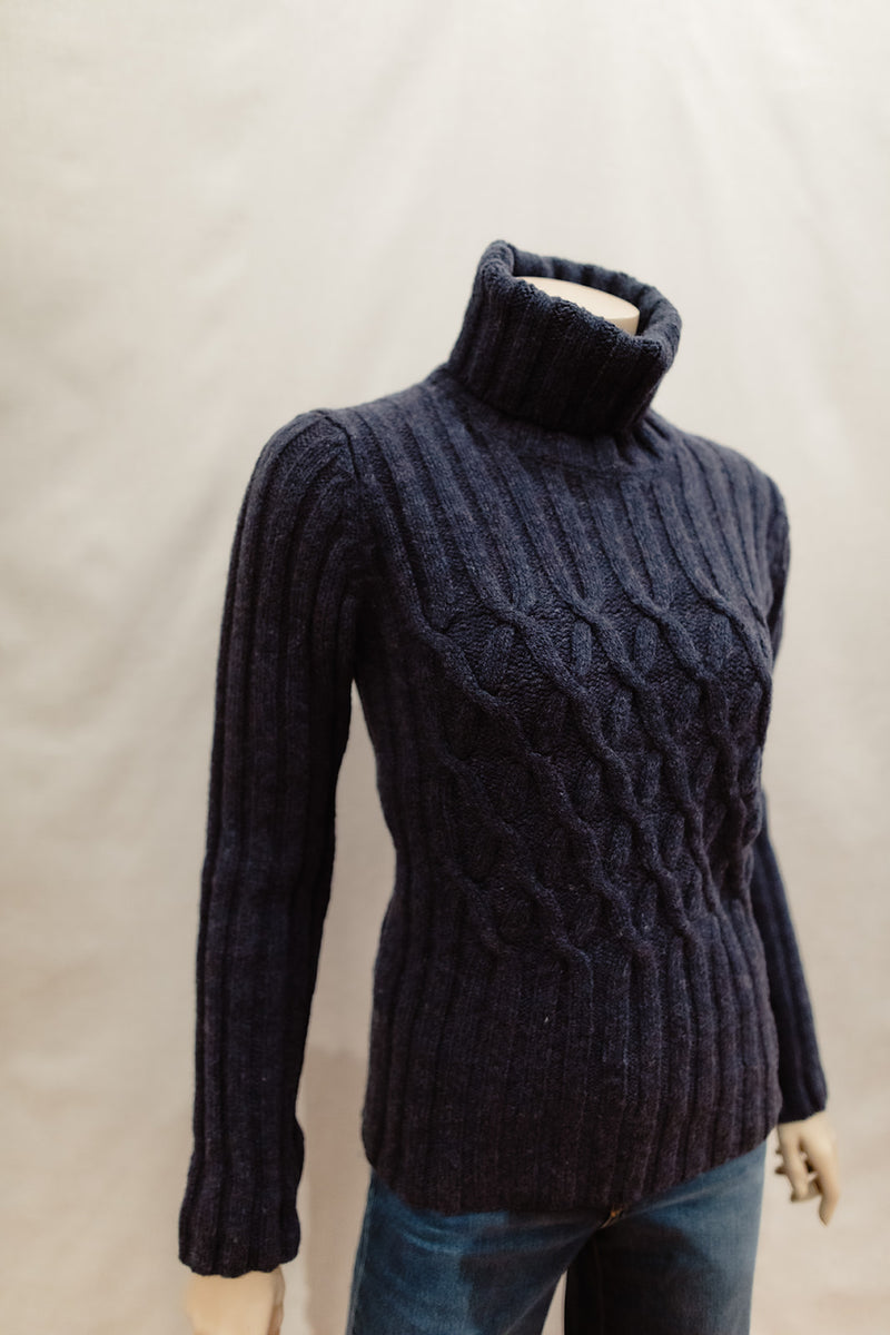 Fisherman Ladies Roll Neck Criss Cross Jumper in Indigo