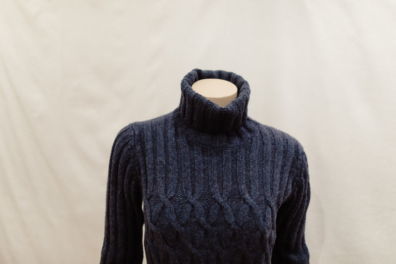 Fisherman Ladies Roll Neck Criss Cross Jumper in Indigo