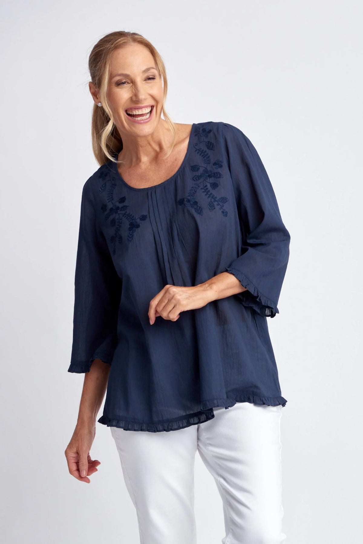 Goondiwindi Shirt - Navy Trapeze Embroidered Top