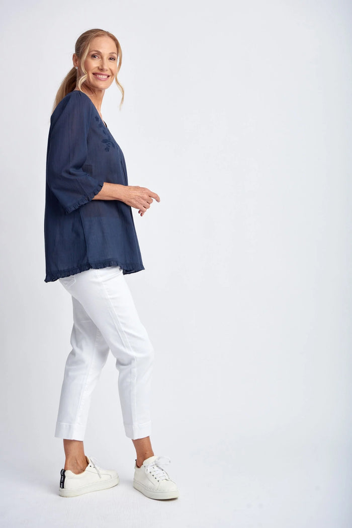 Goondiwindi Shirt - Navy Trapeze Embroidered Top