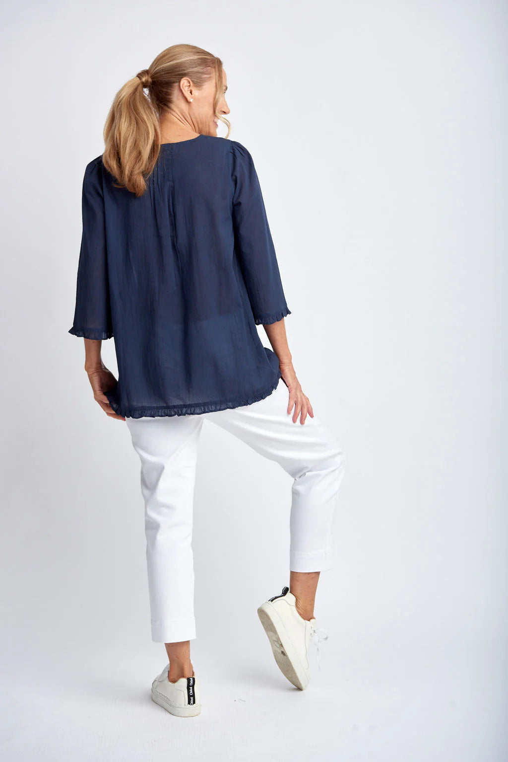 Goondiwindi Shirt - Navy Trapeze Embroidered Top