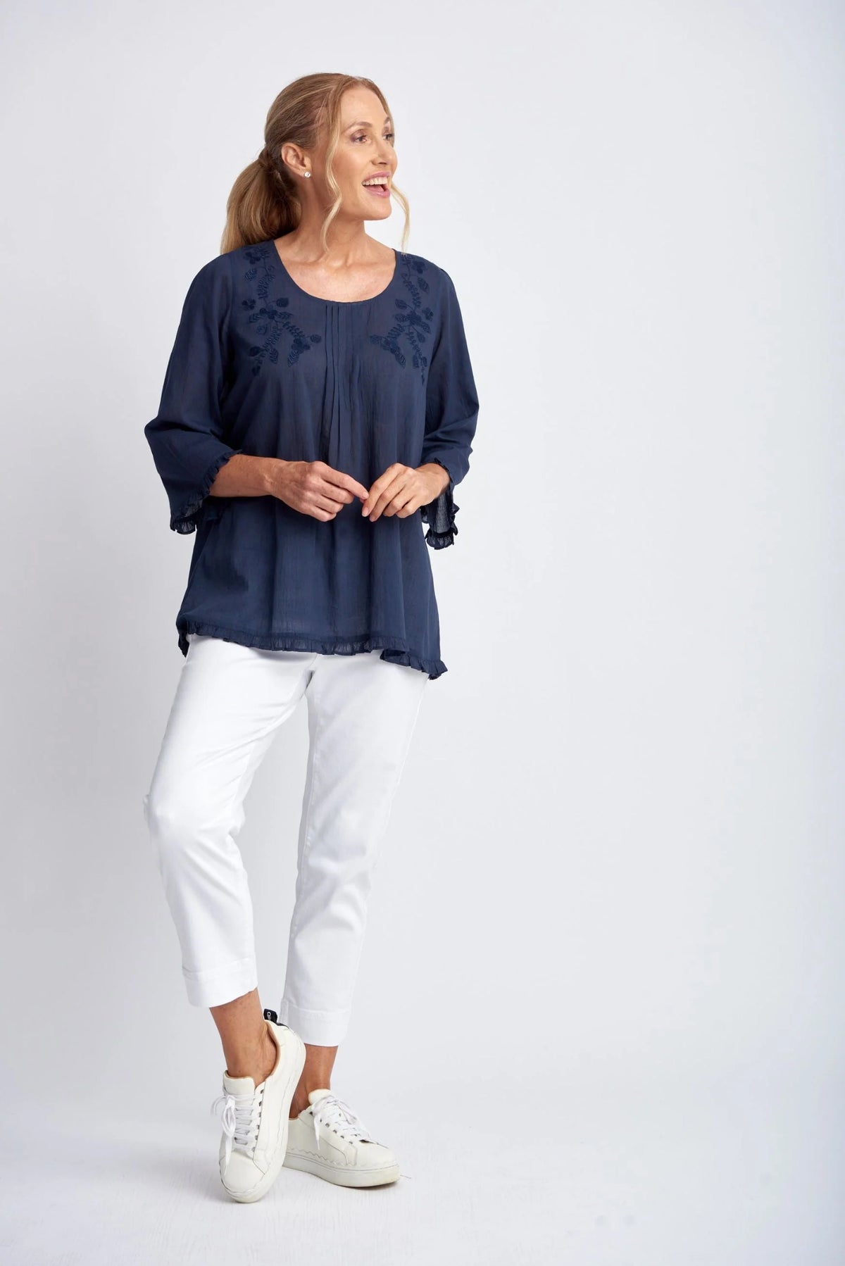 Goondiwindi Shirt - Navy Trapeze Embroidered Top