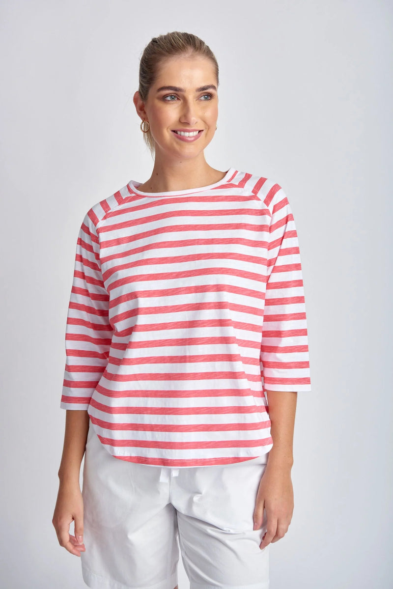 Goondiwindi T-Shirt - Coral + White Stripe