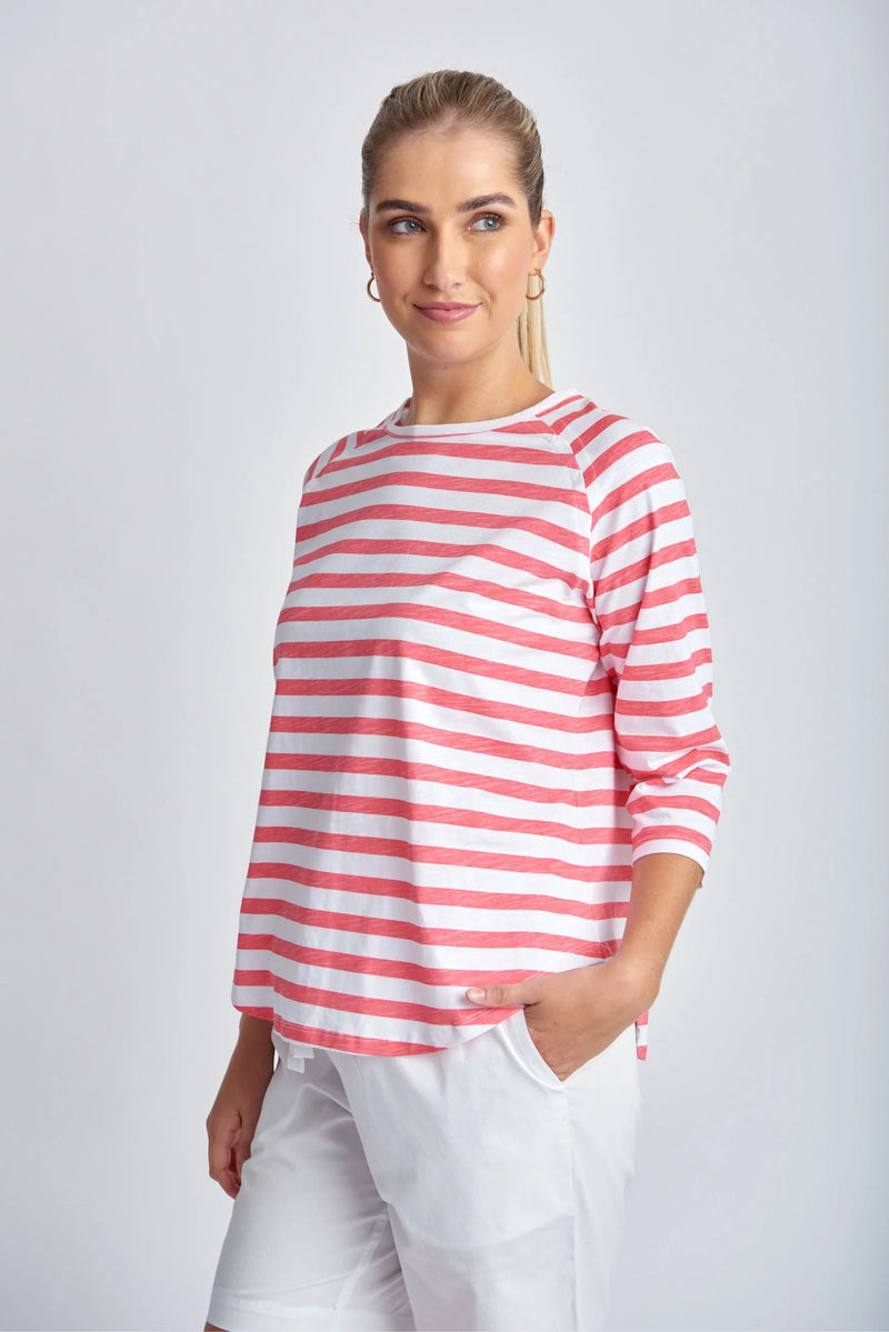 Goondiwindi T-Shirt - Coral + White Stripe