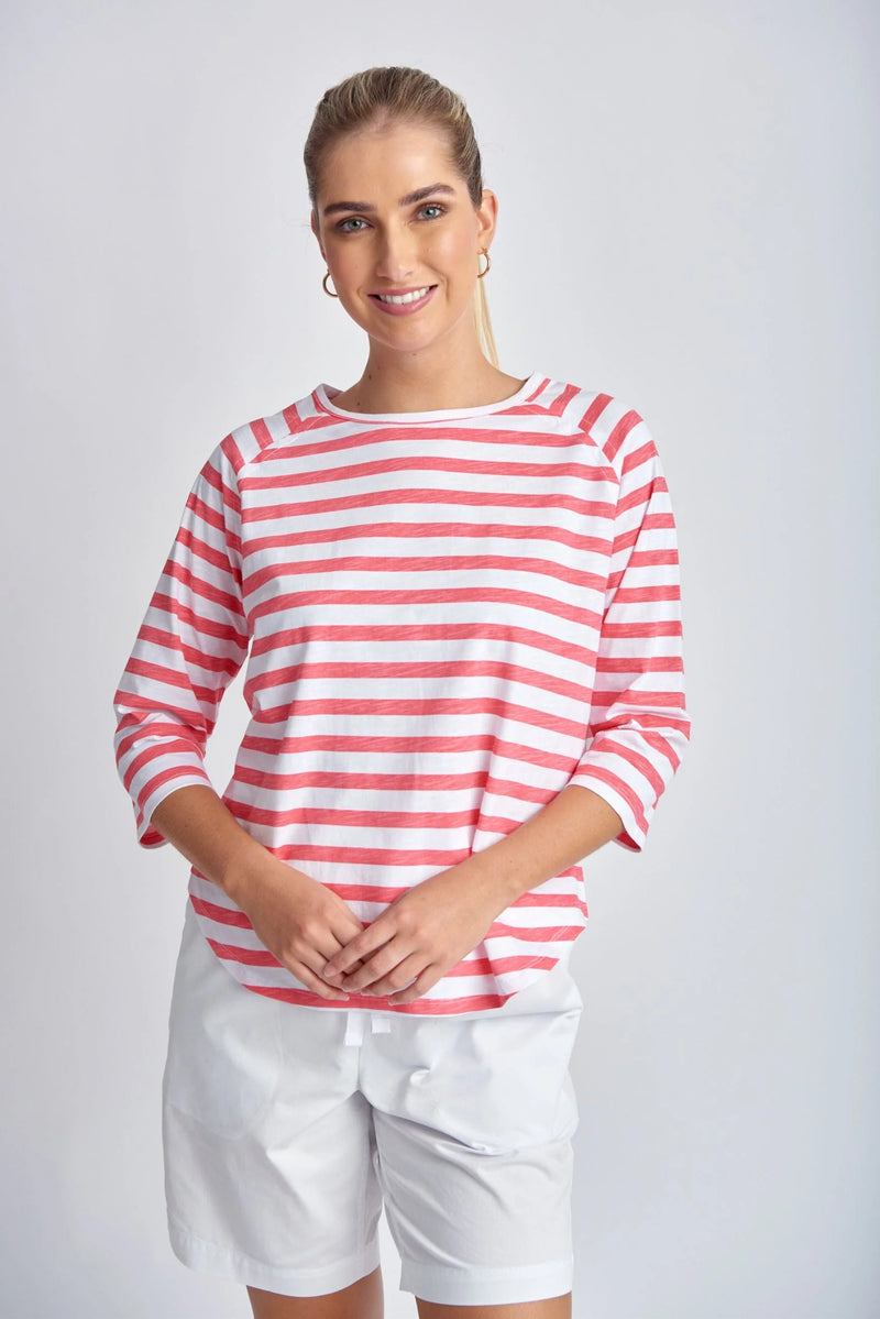 Goondiwindi T-Shirt - Coral + White Stripe