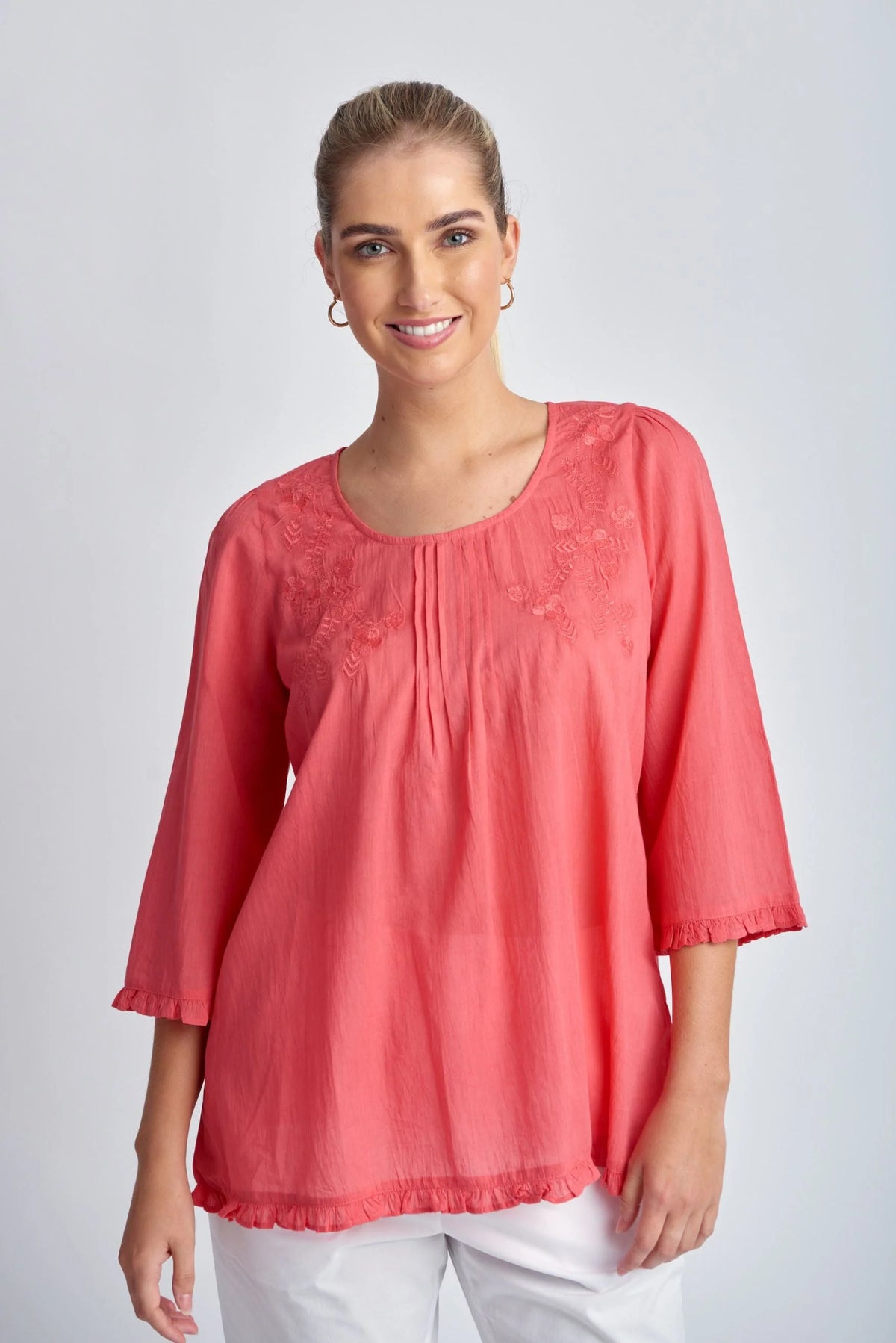 Goondiwindi Shirt - Coral Trapeze Embroidered Top