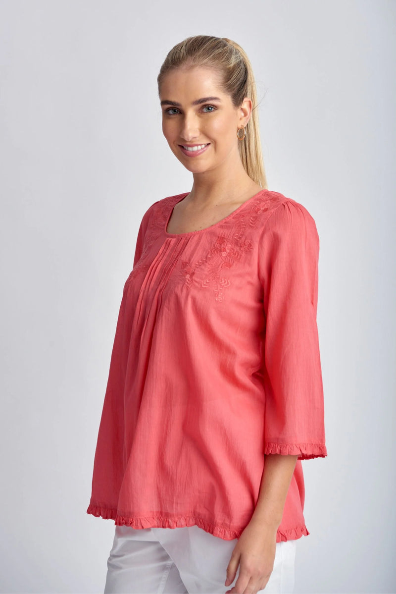 Goondiwindi Shirt - Coral Trapeze Embroidered Top