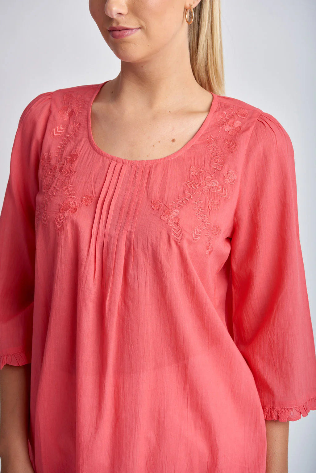 Goondiwindi Shirt - Coral Trapeze Embroidered Top