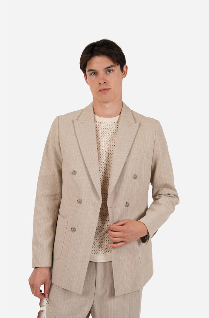 James Harper Double Breasted Pin Stripe Semi-Lined Blazer in Pebble JHJ160