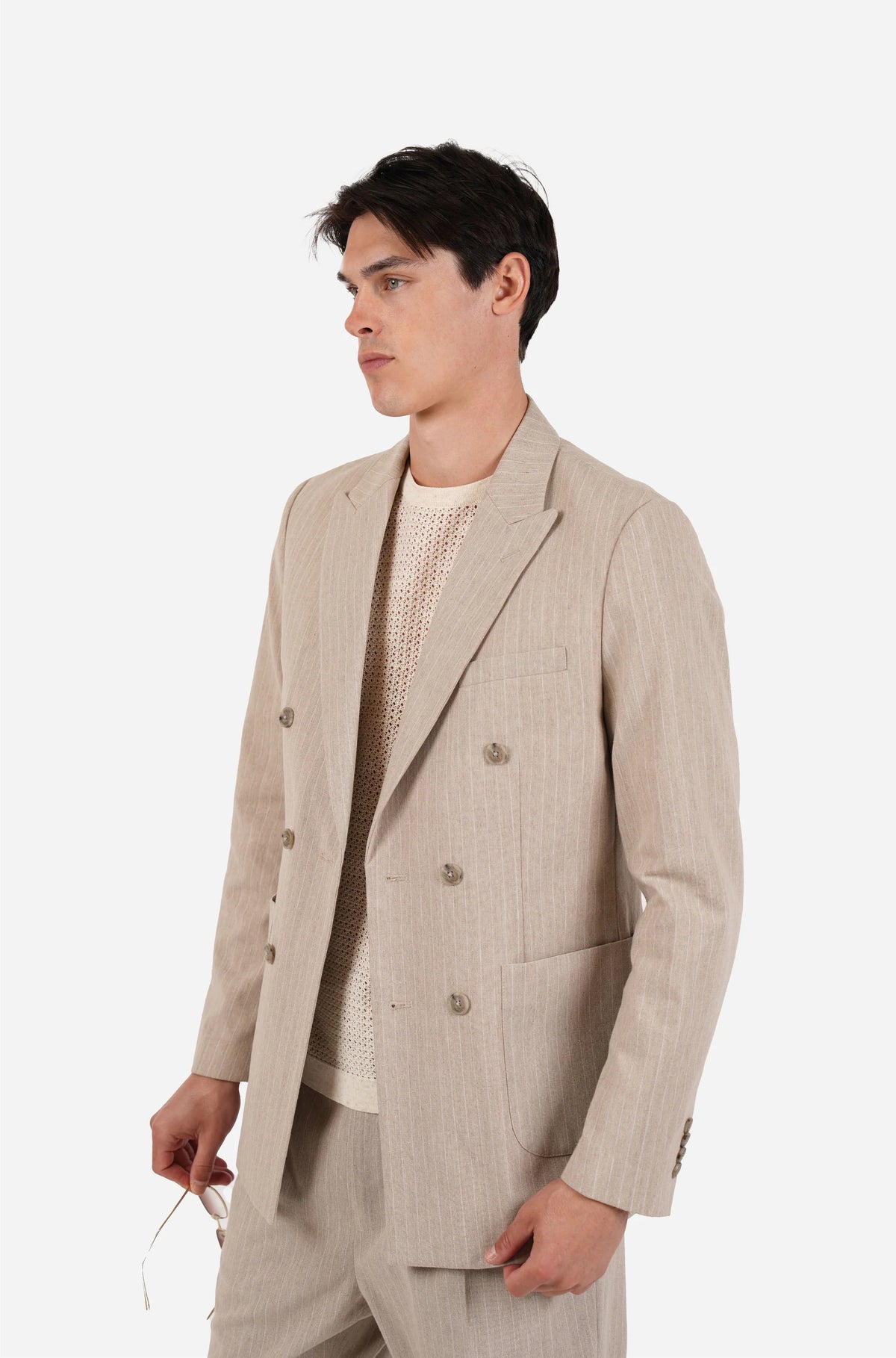 James Harper Double Breasted Pin Stripe Semi-Lined Blazer in Pebble JHJ160