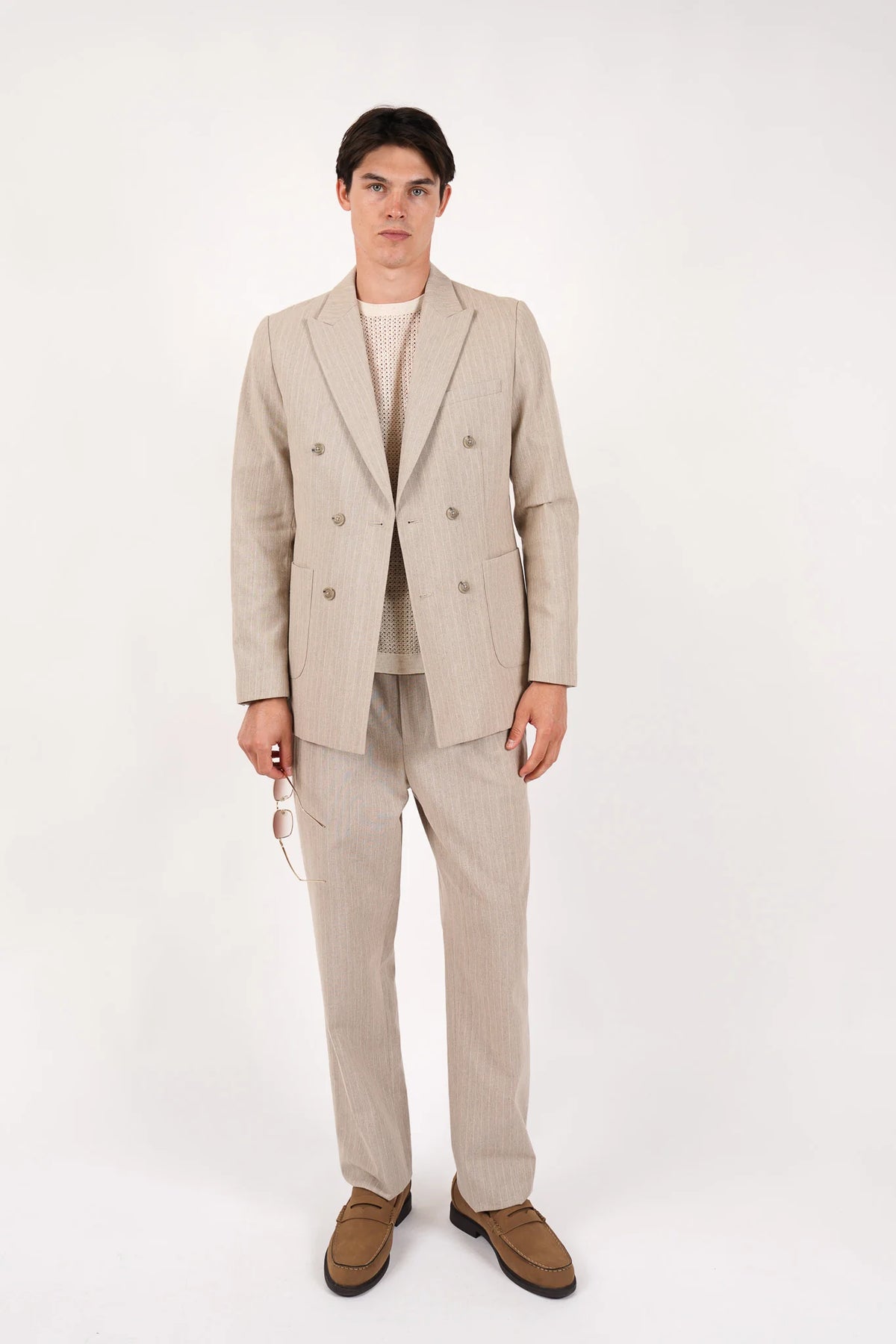 James Harper Linen Relaxed fit pleated pant in Pebble JHTR65