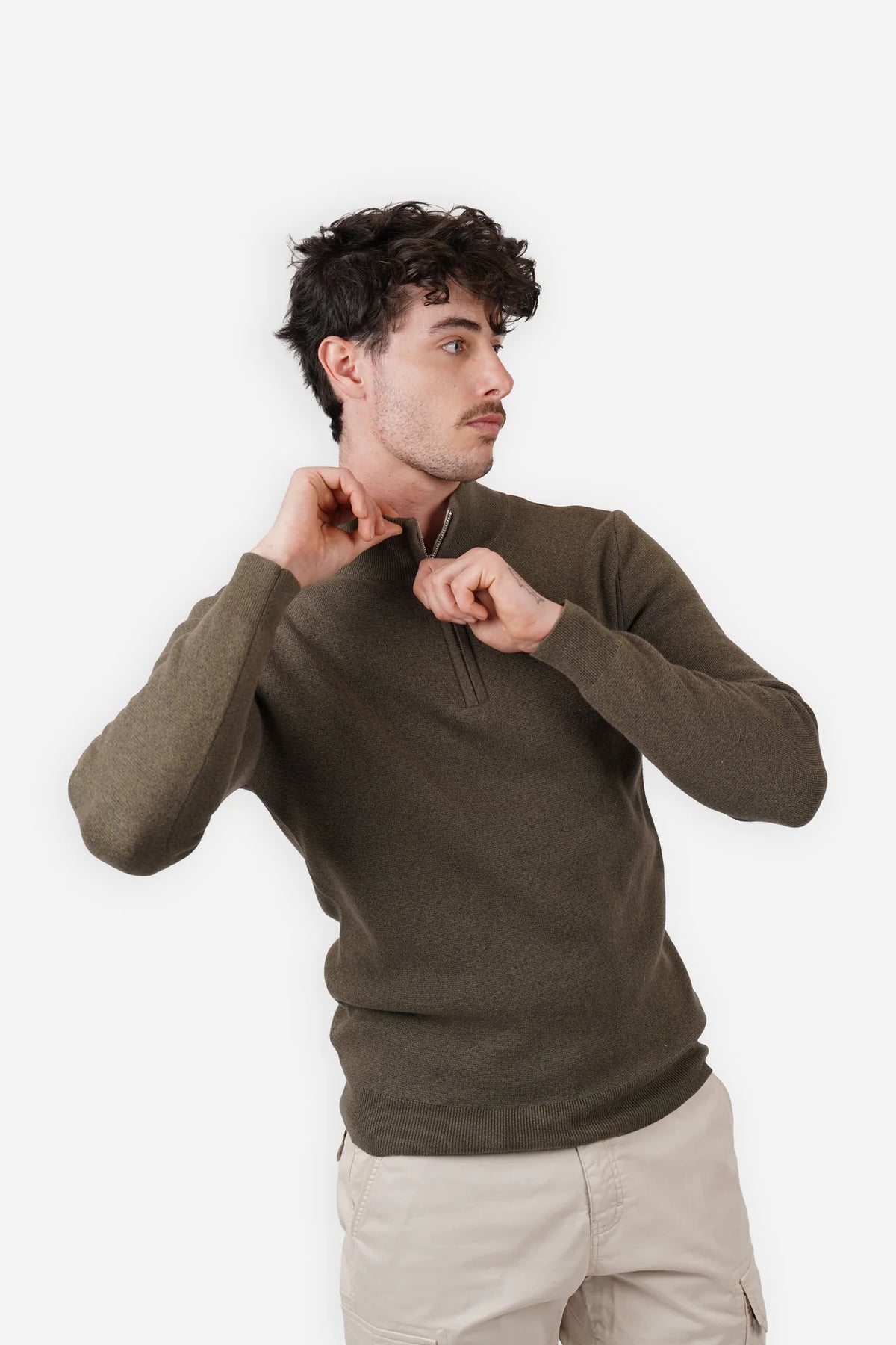 James Harper 1/4 Zip Knit Jumper - Olive JHK84