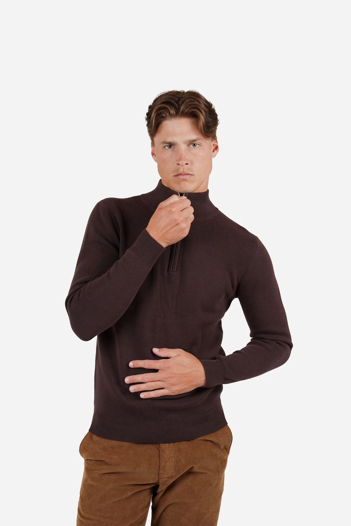 James Harper 1/4 Zip Knit Jumper - Sepia JHK84
