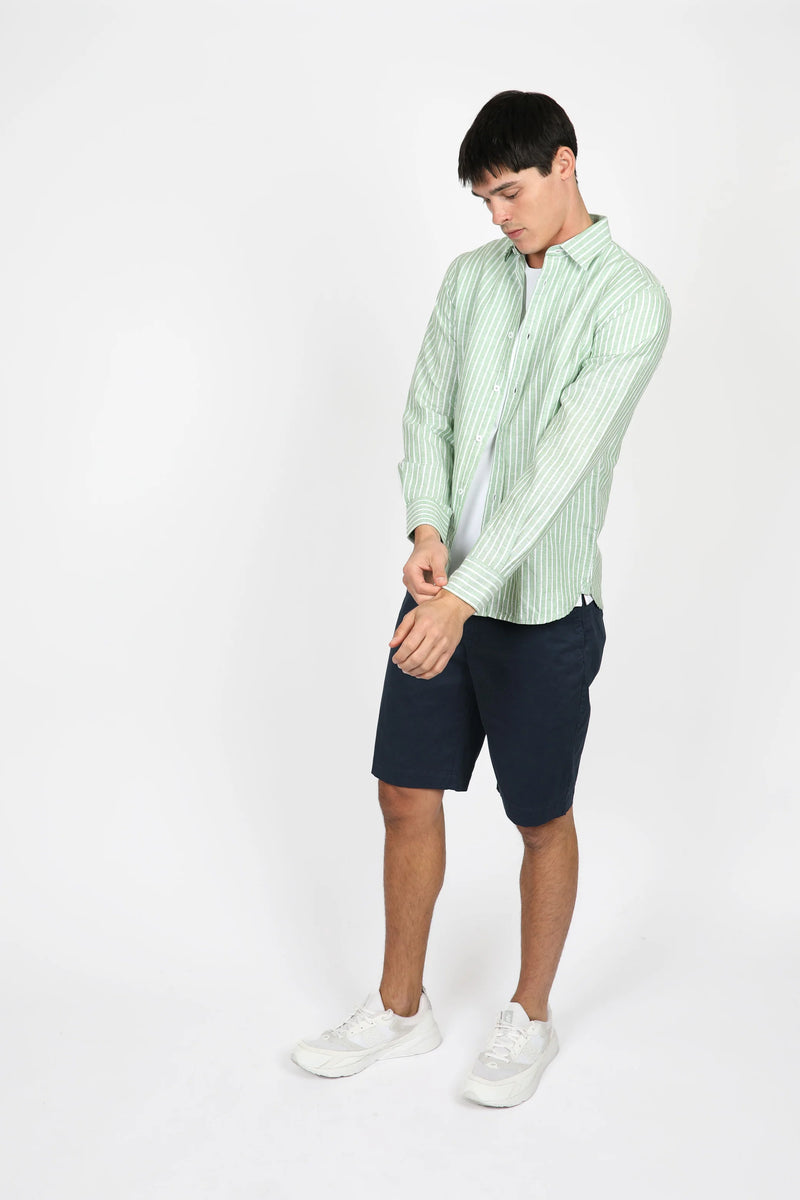James Harper Long Sleeve Linen Shirt - Forest Stripe