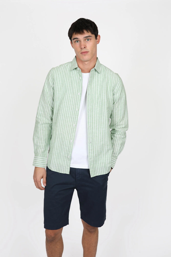 James Harper Long Sleeve Linen Shirt - Forest Stripe