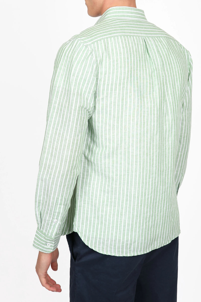 James Harper Long Sleeve Linen Shirt - Forest Stripe