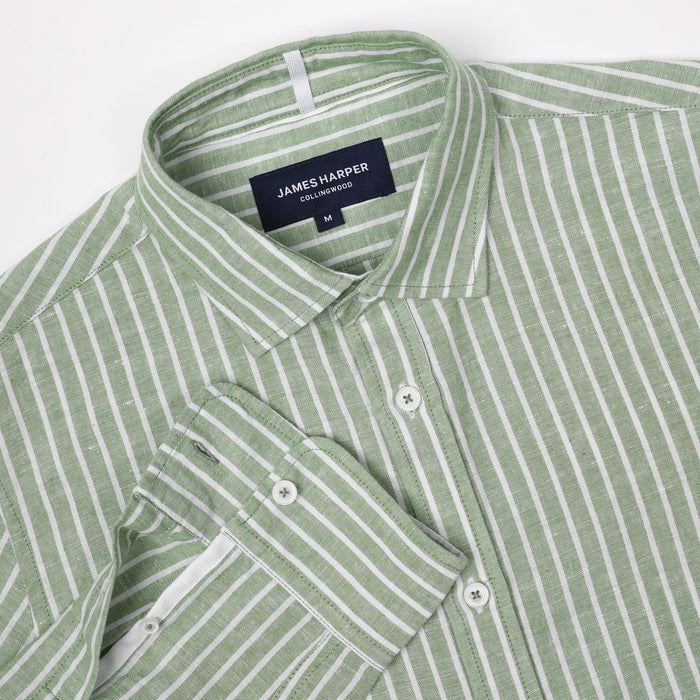 James Harper Long Sleeve Linen Shirt - Forest Stripe