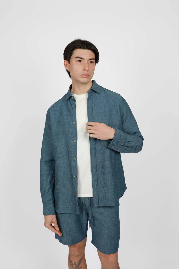 James Harper Blue Steel Linen Blend Long Sleeve Shirt JHS603