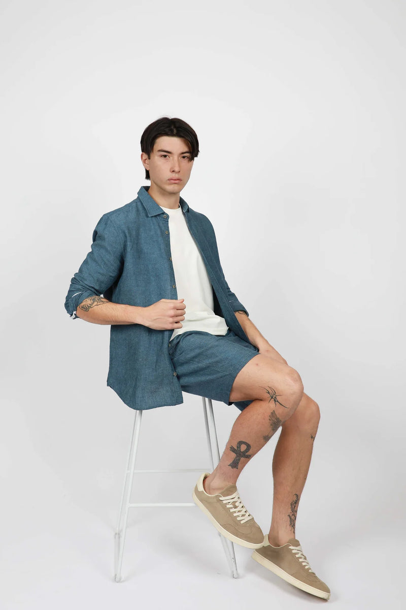 James Harper Blue Steel Linen Blend Long Sleeve Shirt JHS603