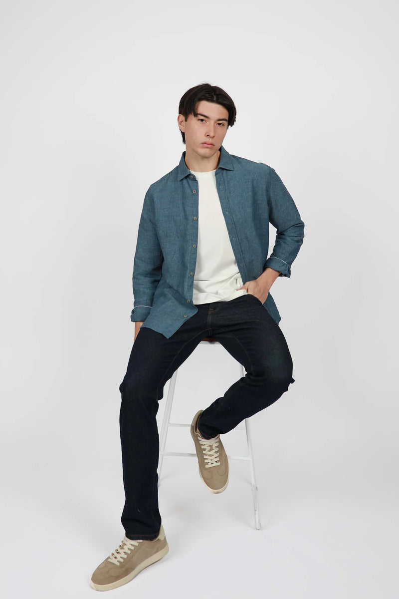 James Harper Blue Steel Linen Blend Long Sleeve Shirt JHS603