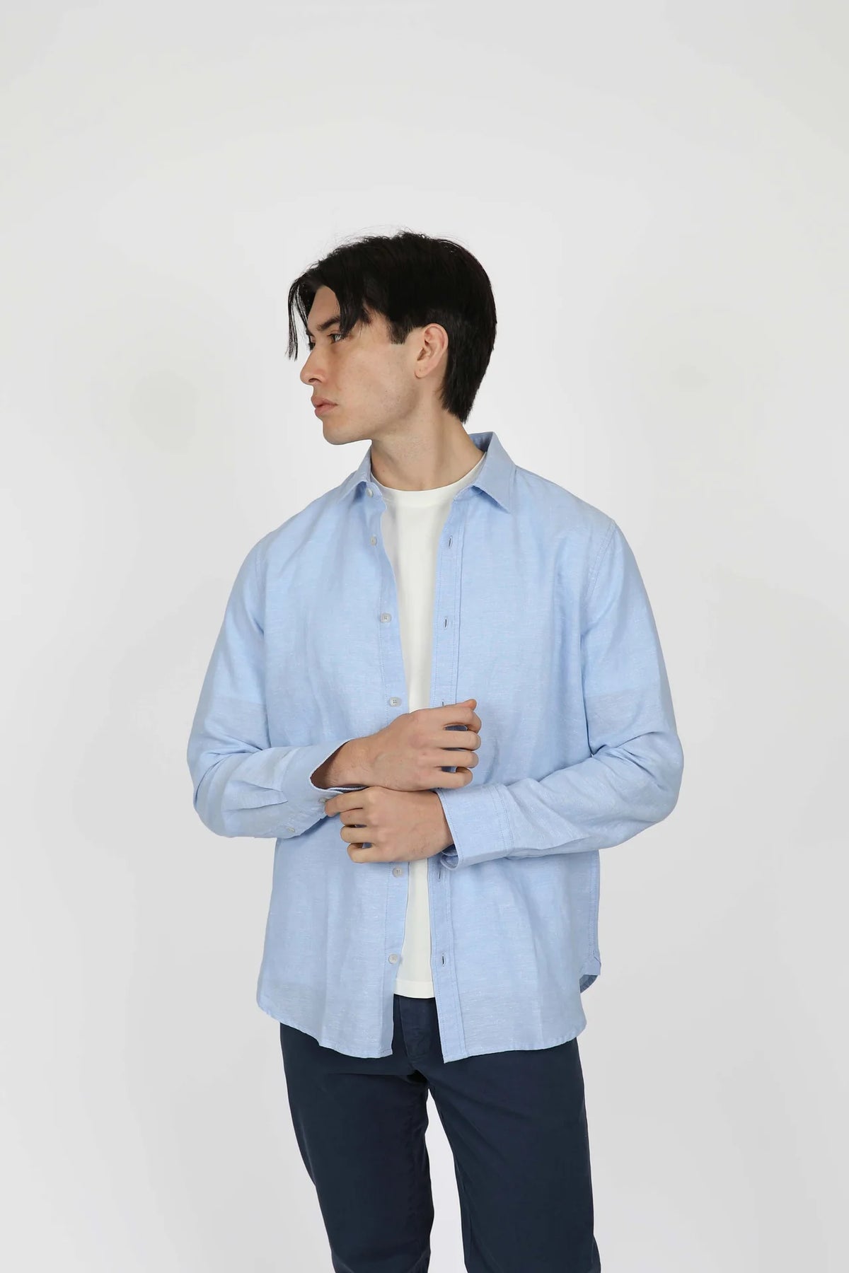 James Harper Sky Linen Blend Long Sleeve Shirt JHS603